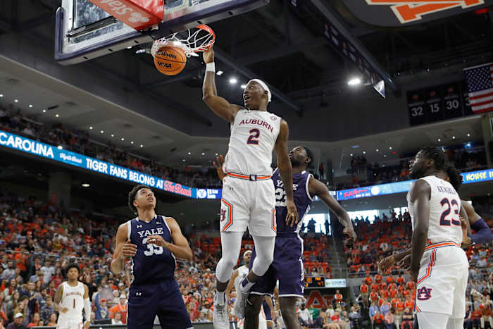 Dec 4, 2021; Auburn, Alabama, USA; Auburn Tigers forward Jaylin Williams (2) makes a dunk against the Yale Bulldogs during the second half at Auburn Arena. Mandatory Credit: John Reed-USA TODAY Sports
